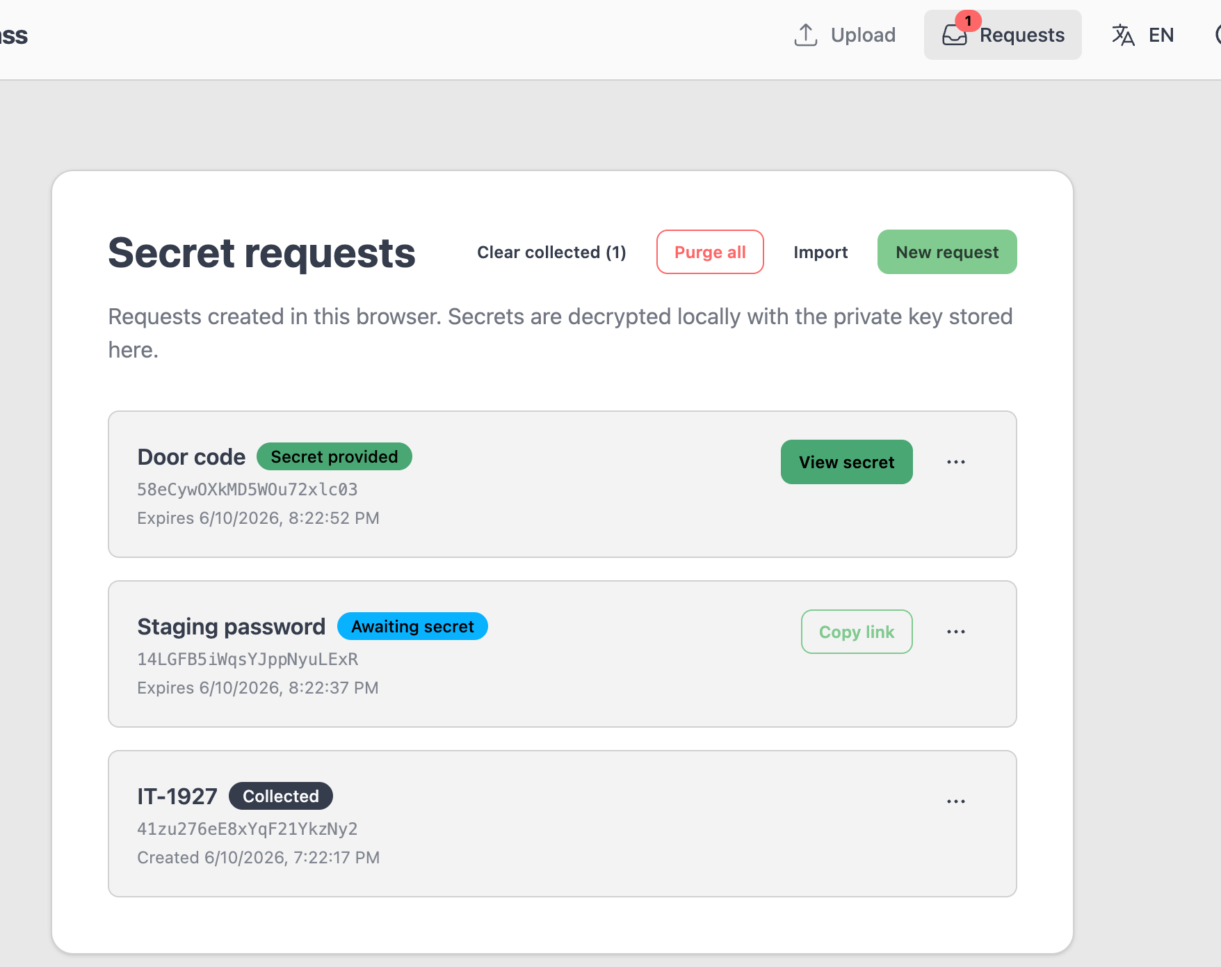 Secret requests list showing requests in different states